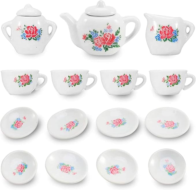 17 Pieces Floral Miniature Porcelain Ceramic Tea Set - Pretend Play Kids Toy Mini Kitchen Playset, Fun Doll Dramatic Play for Little Girls, Kids