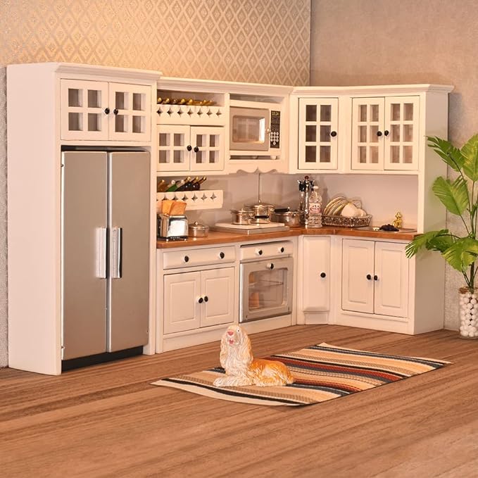 iLAND Dollhouse Kitchen, Modern Dollhouse Furniture Set on 1/12 Scale Wooden White to Store Miniature Food