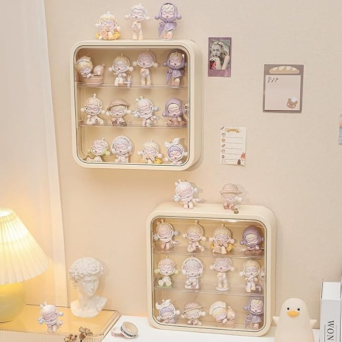 Clear Display Case for Figures, Wall Mounted Clear Display Box, 3 Tiers Adjustable Acrylic Display Box Stand with Magnetic Door for Mini Action Figures Pop Mart Collectibles, Cream