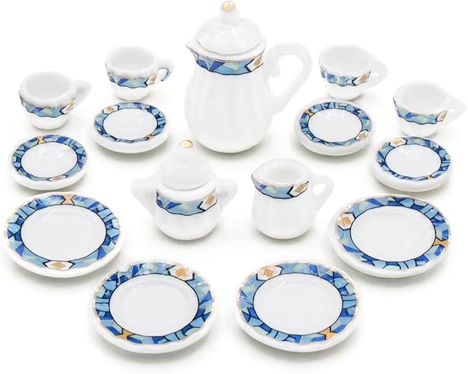 Odoria 1/12 Miniature Porcelain Tea Set 15Pcs Dollhouse Decoration Accessories, Mediterranean Blue