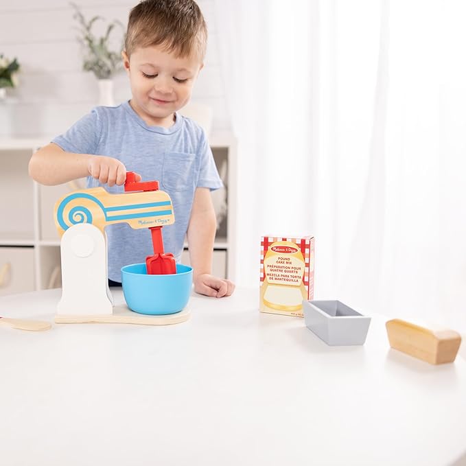 Melissa & Doug Make-a-Cake, 10-Piece Wooden Mixer Set with Play Food & Play Kitchen Accessories, Preschool Toys for Girls & Boys Ages 3+ - FSC Certified