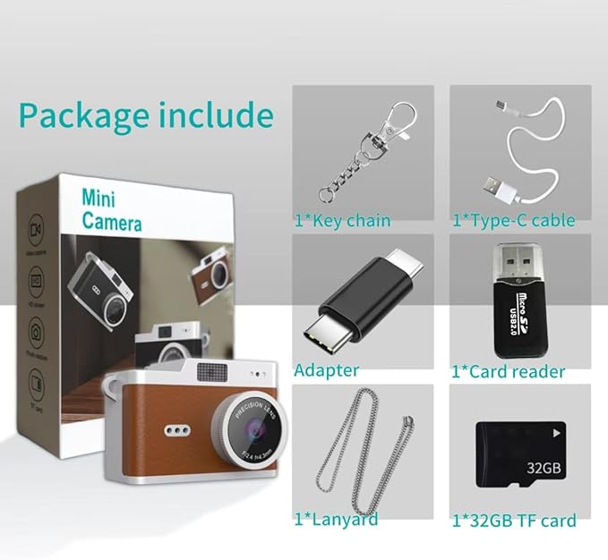 SUMUYO Mini Keychain Camera,1080P Tiny Digital Camera,Pocket Video Recorder with 32GB Card,Fun Funny Gifts for Kids & Adults Stocking Stuffers for Travel,Birthdays Gadgets (Brown)