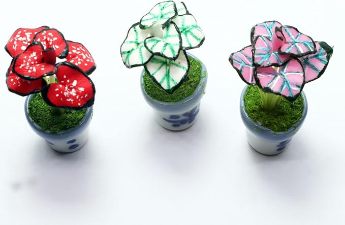 3 Pieces 1:12 Dollhouse Miniature Artificial Flower Plants in Ceramic Pot, Crimson Skye,White Christmas,Pink Gam Dollhouse Accessories for Collectibles and Home Decoration
