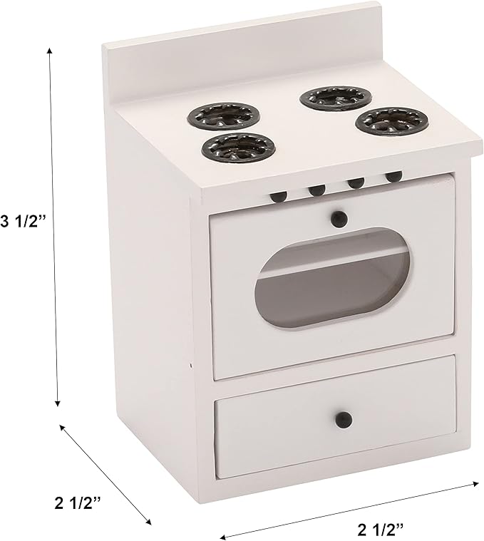 Wooden Dollhouse Kitchen Stove Cabinet, Miniature Dolls House Oven, Burners, Range, 1/12 Scale, White