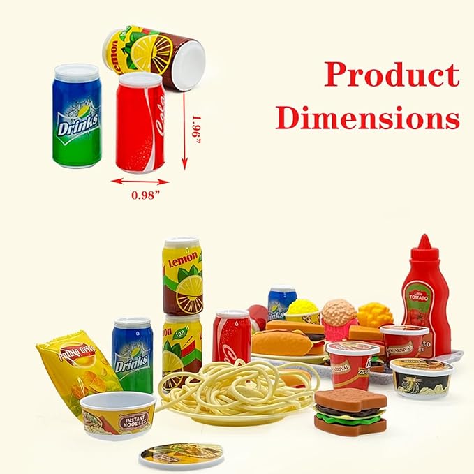 Pretend Play Kitchen Mini Foods Set for Kids Hamburger Fries Noodles Drink with Tray Playset,Play House Kitchen Accessories Role Toys Birthday Gifts for Boys Girls 3 4 5 Yrs (31Pcs Hamburger Chips)