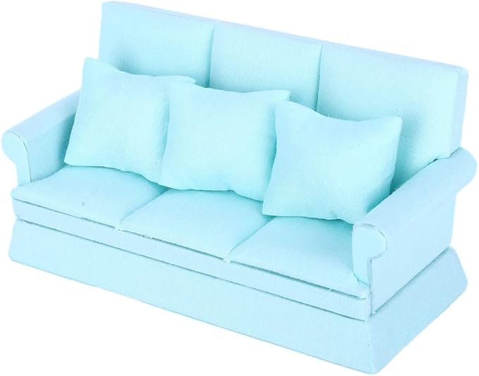 Dollhouse Furniture 1 ：12 Scale Couch Doll House Mini Sofa with 3Pcs Pillow Living Room Furniture Wooden Doll House Decoration Accessories (Lake Blue)