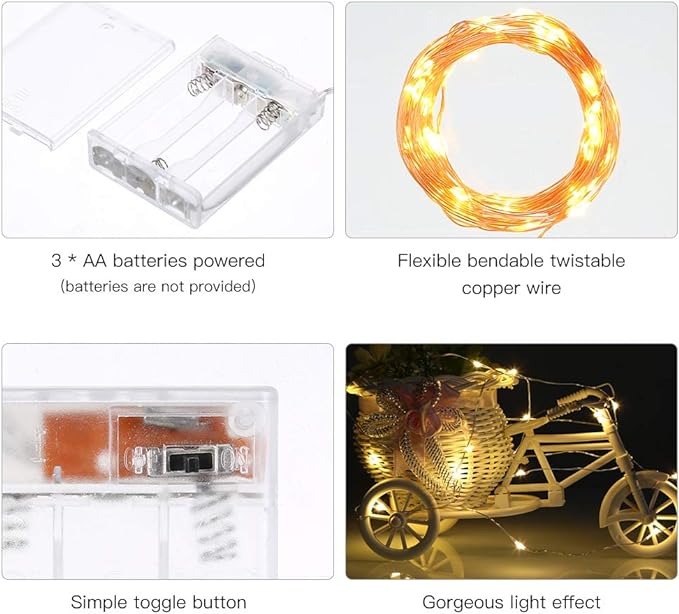 Ariceleo Led Fairy Lights Battery Operated, 4 Packs Mini Battery Powered Copper Wire Starry Fairy Lights for Bedroom, Christmas, Parties, Wedding, Centerpiece, Decoration (5m/16ft Warm White)