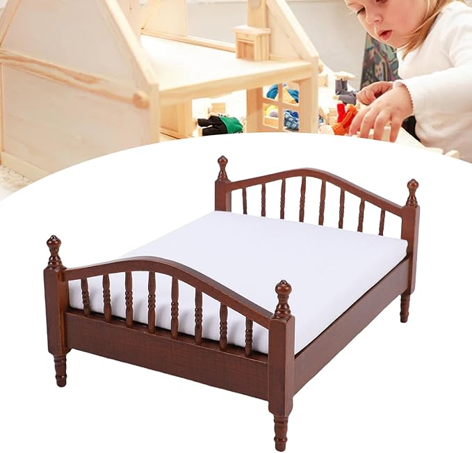 Vintage Wooden Bed, Dollhouse Miniature Bed Decorative 1:12 Mini House Furniture with Realistic Design for Dollhouse Display
