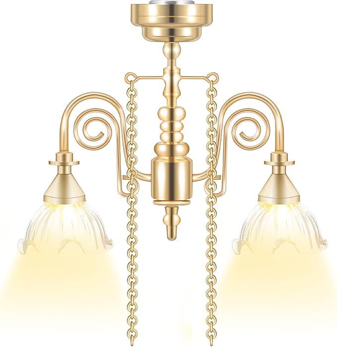 FRCOLOR Dollhouse Miniature Chandelier, Gold Double-Head Floral Ceiling Light Battery Operated for Dollhouse Lighting Decor Accessories, Tiny Ceiling Lamp for Miniature Furniture Scenes 1:12 Scale
