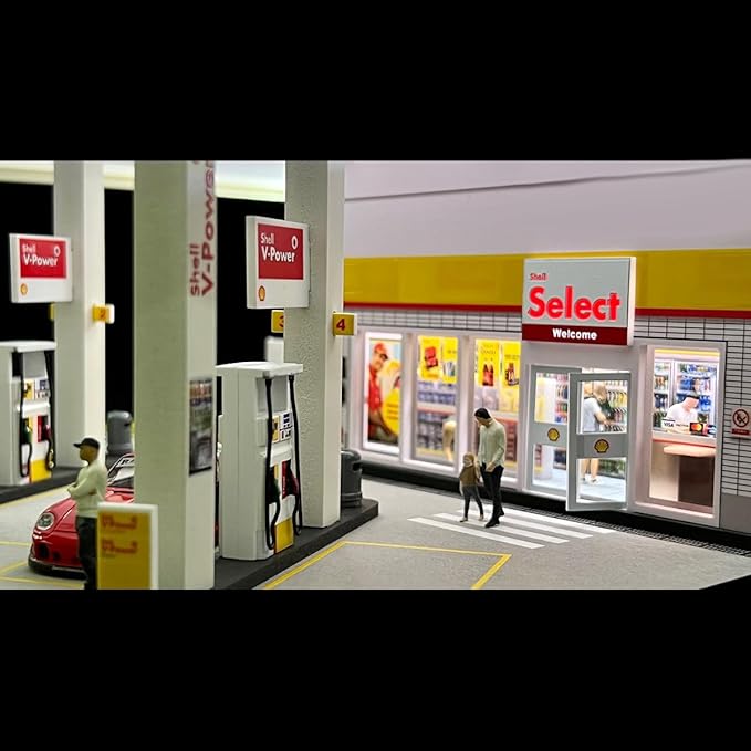 1/64 Scale Shell Gas Station Building Scene Model, Gas Station Architecture Scene, DIY Miniature Building Model for Teens (Cars & Figures Not Included)