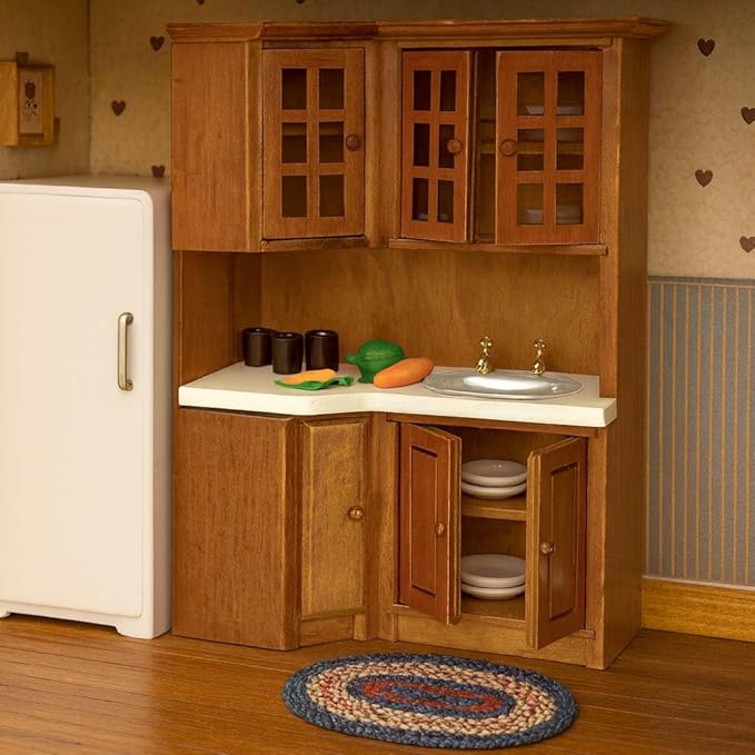 Dollhouse Kitchen Cabinets - 1/12 Scale Miniature Wooden Storage Pantry with Sink, Mini Modern for Corner Cooking Furniture Kitchen Accessories for Doll House Restaurant Decoration, Brown
