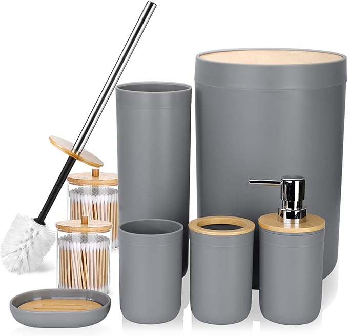 OTOSTAR Bathroom Accessory Set 8 Pieces Bathroom Accessories Set Bamboo Gift Bathroom Set with Trash Can Toothbrush Holder Soap Dispenser Soap and Lotion Set Tumbler Cup 2 Qtip Holder Jars (Grey)