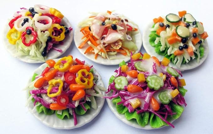 5 Assorted Salad with Plate for Dollhouse Miniature Food 1:6 Scale Realistic Clay Food for Dollhouses, Doll Accessories (A)