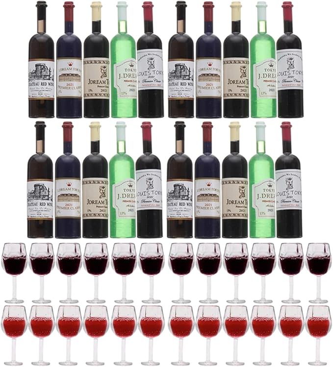 LUOZZY 44 PCS 1:12 Miniature Red Wine Bottle & Cup Tiny Dollhouse Wine Bottles Mini Wine Glasses Dollhouse Champagne Bottles Dollhouse Kitchen Accessories