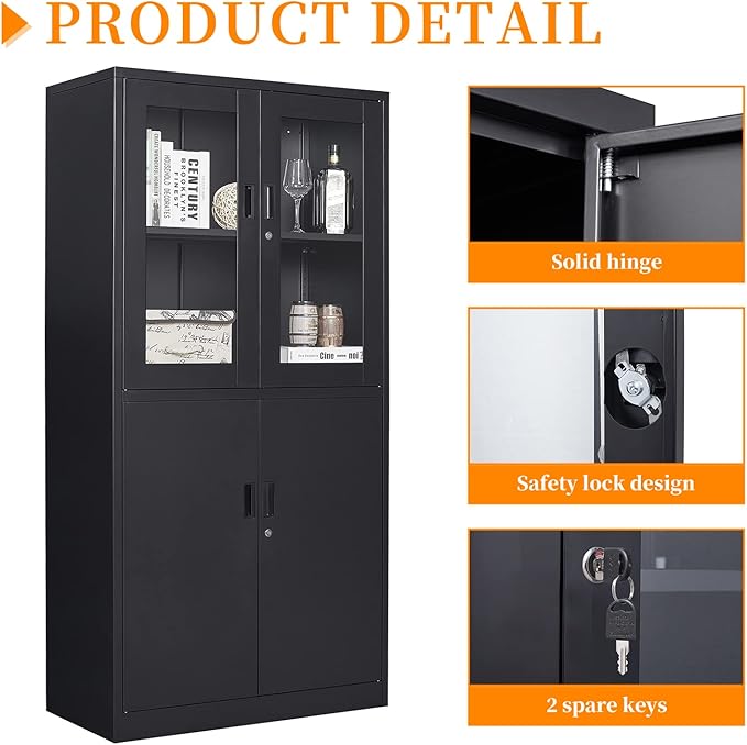 Black Metal Storage Cabinet with Glass Doors, 71" Locking Glass Door Cabinet with 2 Adjustable Shelves, Steel Storage Cabinet with 4 Doors for Home, Living Room, Bathroom
