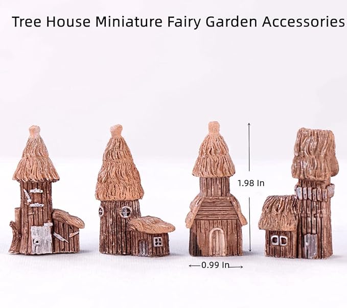 4 Pieces Miniature Tree House Set - Vintage Fairy Garden Decor, DIY House Ornaments for Micro Landscape, Home Decoration, Accessories for Fairy Garden Supplies, Outdoor & Desktop Decor