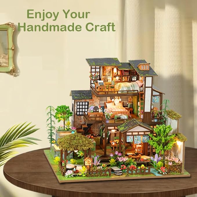 DIY Miniature Dollhouse Kit, Mini House Making Kit with Light, Tiny House Kit to Build for Adults, Hobby Craft Gift for Father's Day, Bamboo Brook Cottage