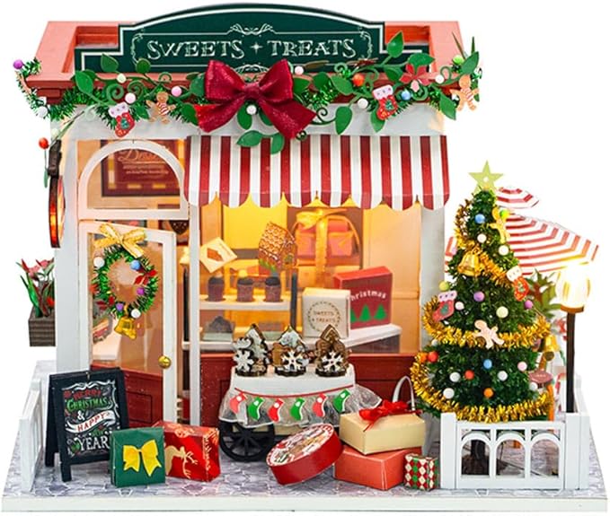 DIY Miniature House Kit for Adult and Teens, Christmas Candy House Building Kit for Family and Friends, Mini Wooden Dollhouse Kit for Halloween Christmas Birthday Gifts