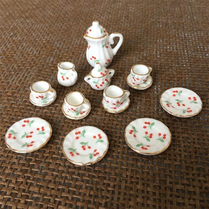 Dollhouse Decoration Accessories, 1:12 Dollhouse Miniature 15 Pcs Porcelain Tea Sets Mini Food Toy Model (J)