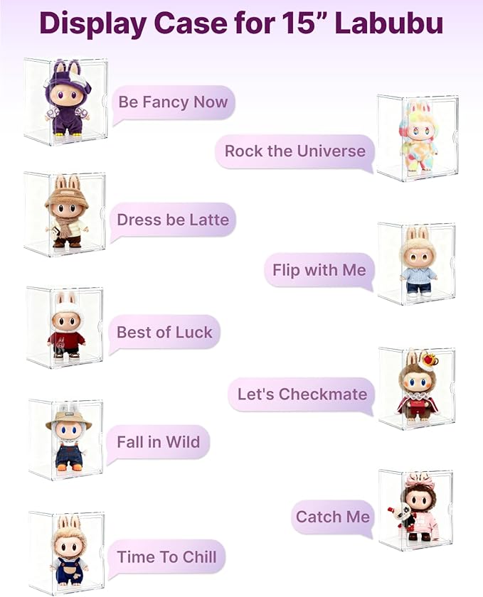 Clear Acrylic Display Case for Labubu, 15.35in Large Display Box, Compatible with Let's Checkmate, Time to Chill, Best of Luck, Dress Be Latte, Flip with Me, Fall in Wild Series Plush Toys