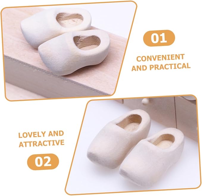 NAMOARLY 4 Pairs Miniature Wooden Doll Shoes DIY Craft Supply Unfinished Mini Clogs for Doll House Decor Accessories Sturdy Blank Wood Mini Shoes for Dollhouse Display and Crafting