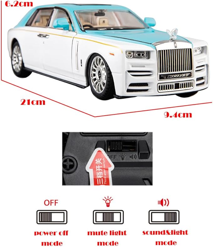 Toy Car Rolls-Royce 1/24 Blue Phantom Alloy Collectibles Diecast Vehicles Model with Sound and Light