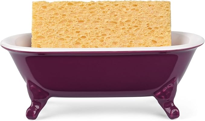 NEWHENGS 6.5" Ceramic Mini Decorative Clawfoot Bathtub Bar Soap Dish, Kitchen Sponge Holder and Shower Tray for Bathroom, 1 Pack(Burgundy)