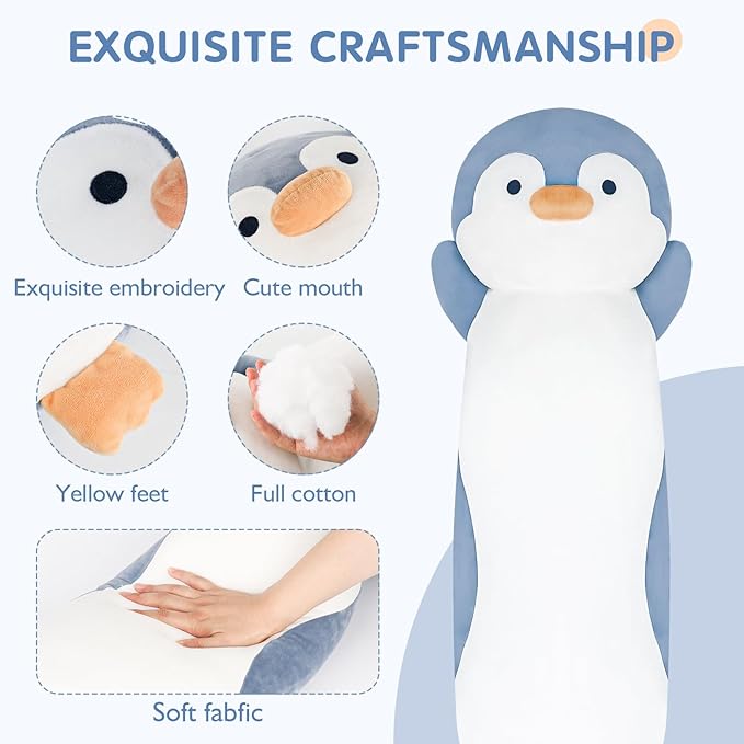 28 inch Penguin Stuffed Animal, Jumbo Long Soft Cuddle Pillow, Cute Blue Penguin Body Plushies Toy Gift for Kids, Boy and Girls Birthday, Halloween, Christmas