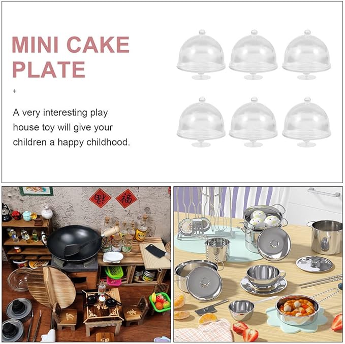 12pcs Mini Cake Stand with Dome Lid Dessert Display Plates for Dollhouse Tiny Cake Domes for Miniature Food Decoration
