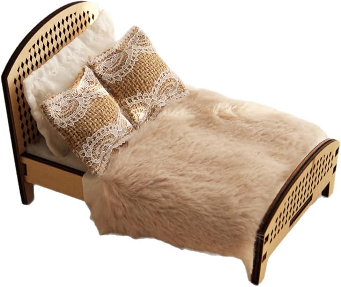 1:12 Scale Miniature Double Bed Unpainted Wood Furniture Model Craft Accessory Customizable Finish Bedroom Decoration for Pretend Play and Scene