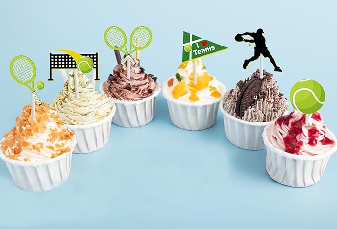 18 PCS Tennis Cupcake Toppers for Birthday Baby Shower Sport Tennis Ball Racket Player Cake Decor Picks Green GlitterTennis Party Decorations Supplies