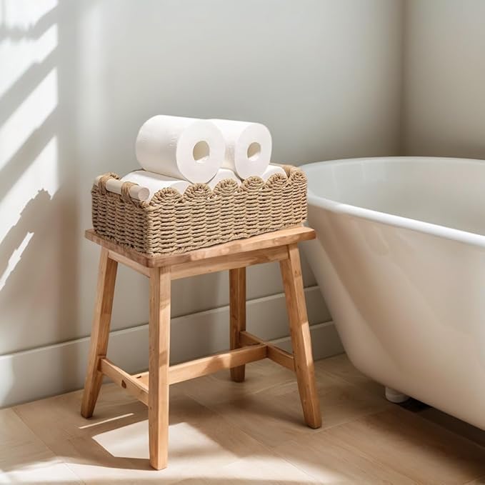 Scalloped Edge Bathroom Counter Organizer Basket with Wooden Handles, Khaki Paper Rope Toilet Tank Top Basket, Toilet Paper Storage Basket for Vanity, Shelves – 14" x 6.3" x 3.9"