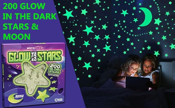 200 Pcs Glow in The Dark Stars with Moon - Luminous 3D Wall Stickers Night Light for Boys & Girls Room Decor - Bedroom Ceiling Space Kids Wallpaper Funky Decor - Glowing Stars Tape Stickers for Kids