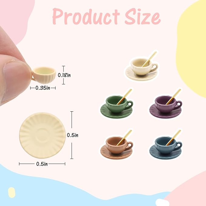 5 Set Dollhouse Miniature Coffee Cups Miniature Dollhouse Accessories 15 Pieces Mini Coffee Cup Plate Spoon for Mini Kitchen Accessories