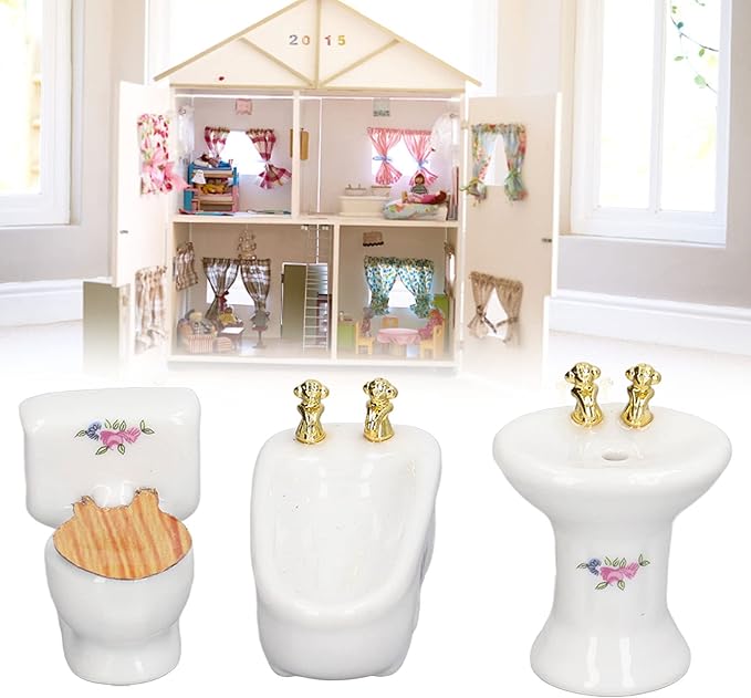 shenruifa 3Pcs Dollhouse Miniature Bathroom Set, 1:24 Ceramic Simulation Bathtub Toilet Sink Dollhouse Bathroom Furniture (Flower Shape)