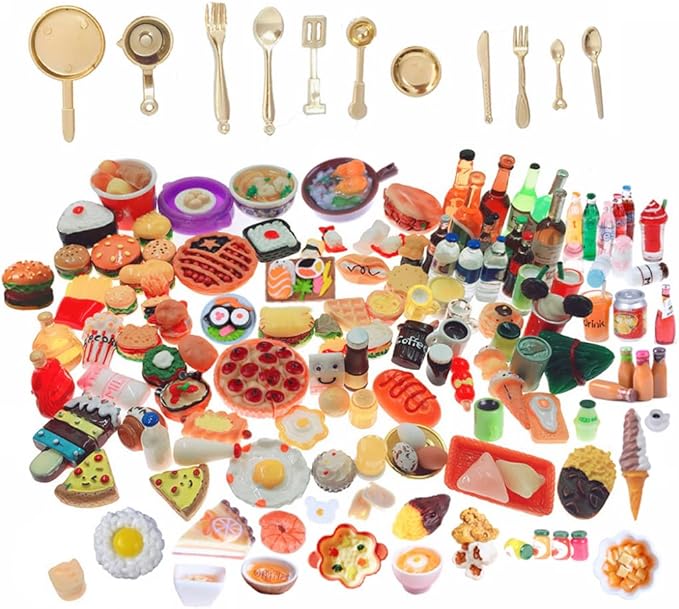 Miniature Food Drinks Toys 110pcs Mixed Resin Pizza Hamburgers French Fries Wine Decoration Tableware Doll house for Adults Childrens Pretend Play Kitchen Cooking Game Birthday Party Present
