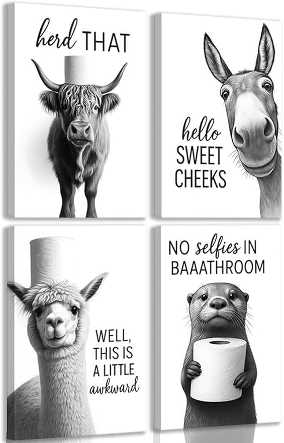 Funny Bathroom Wall Art Set of 4 Black and White Bathroom Wall Decor Toilet Paper Pictures Cute Humorous Animal Posters Prints Toilet Signs Painting Artwork Decoration 8x10in