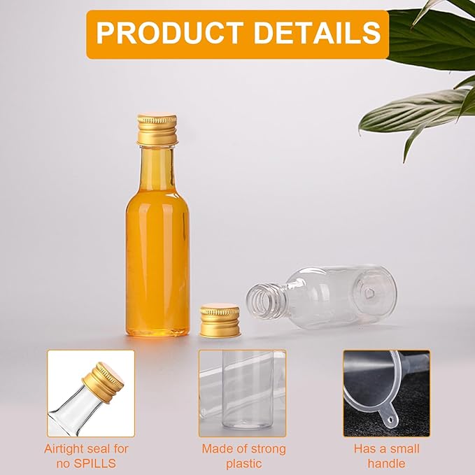 Voittozege 100 Pcs 1.7 oz Mini Liquor Bottles,Airtight Shot Bottles with Caps 10 Pcs Funnels 100 Pcs Kraft Tags and 65 ft Rope,Little Spirit Bottle for Cocktail,Party Favors,Weddings (gold Cap)
