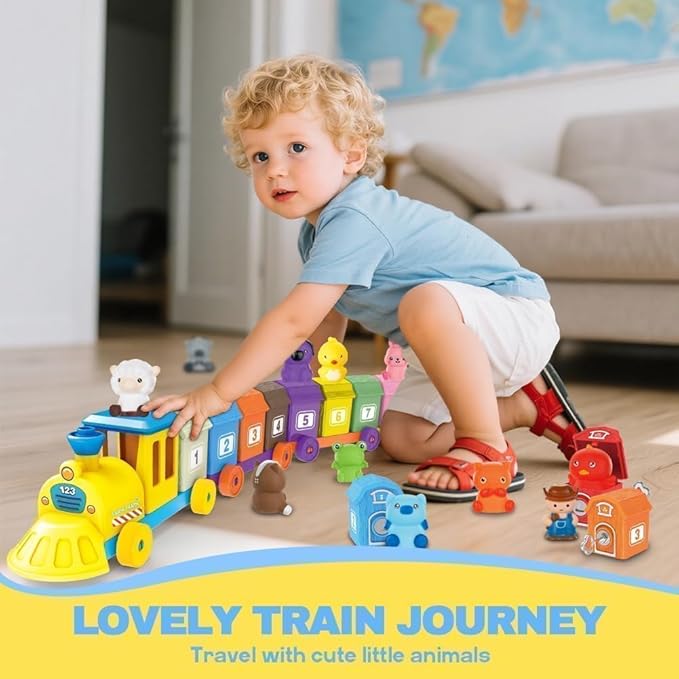 BOLZRA Farm Animals Train Toy for Toddlers 1 2 3 4 Years Old, Counting, Matching, Sorting Montessori Learning Toy with 11 Finger Puppets, Keys, Barns, Educational Christmas Birthday Gift for Kids