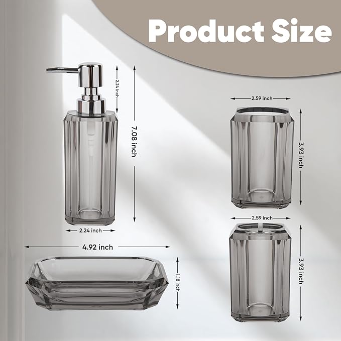 4 Piece Premium Acrylic Bathroom Accessory Set, Hand Sanitizer Bottle, Lotion Can Bathroom Suit, Separate Bottle Soap Box, Mouthwash Cup, Toothbrush Cup (Gray)