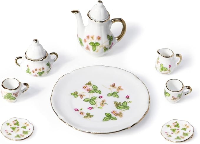 Dollhouse Tea Cup Sets 1:6 Scale Miniature Porcelain Dollhouse Accessories 8PCS Flower Pattern Teapot Platter Dish Sets Dollhouse Kitchen Supplies Decoration (Green)