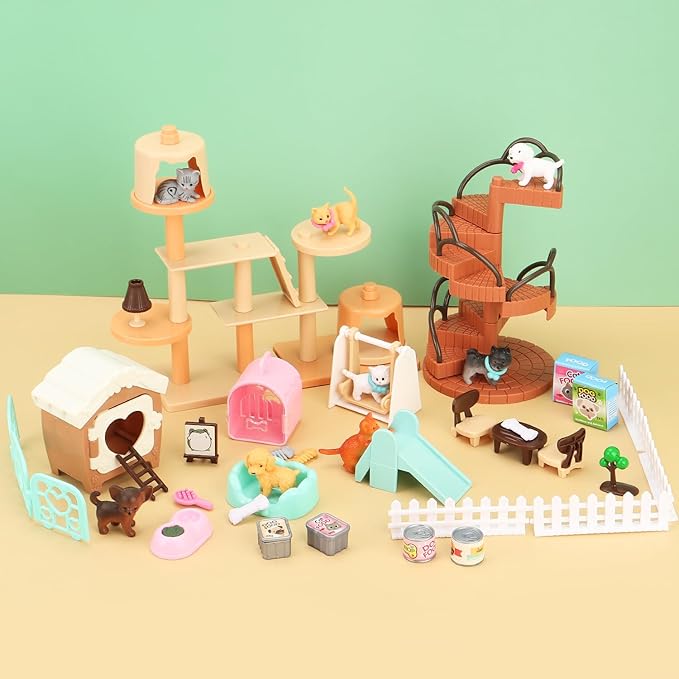 67 PCS Cat and Dog Pet Figurine Playset, Pretend Play Toy for Kids Creative DIY Realistic Detailed, Educational Gift for Kids, Toddlers, Boys and Girls