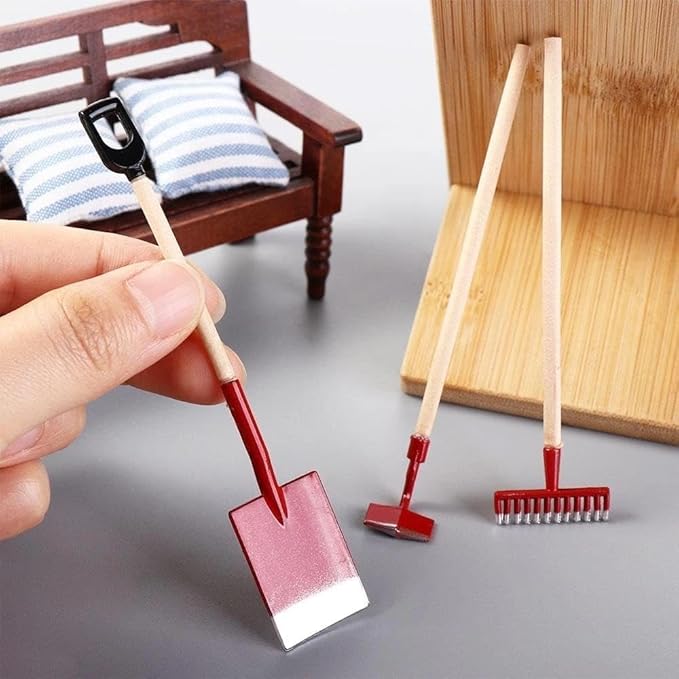 3-Piece Set Miniature Garden Tools, 1:12 Mini Shovels and Rake Farm Tools, Fairy Garden Dollhouse Accessories Furniture Toy Sets (Red, 3.2 Inches)