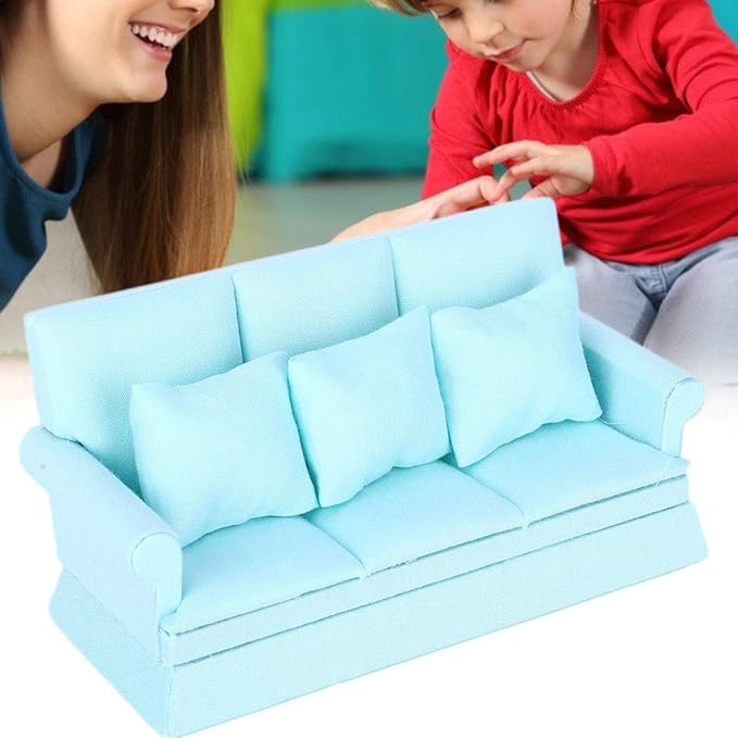 Dollhouse Furniture 1 ：12 Scale Couch Doll House Mini Sofa with 3Pcs Pillow Living Room Furniture Wooden Doll House Decoration Accessories (Lake Blue)