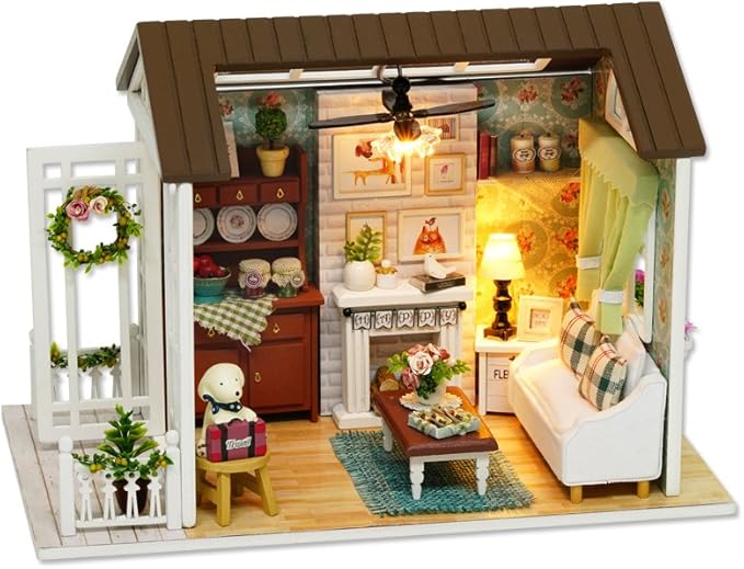 DIY Miniature Dollhouse Kits - Wooden Mini Model House with LED Lights, Tiny Furniture & Accessories – Craft Building Kits for Adults – Birthday Christmas Valentine's Gift- Happy Time