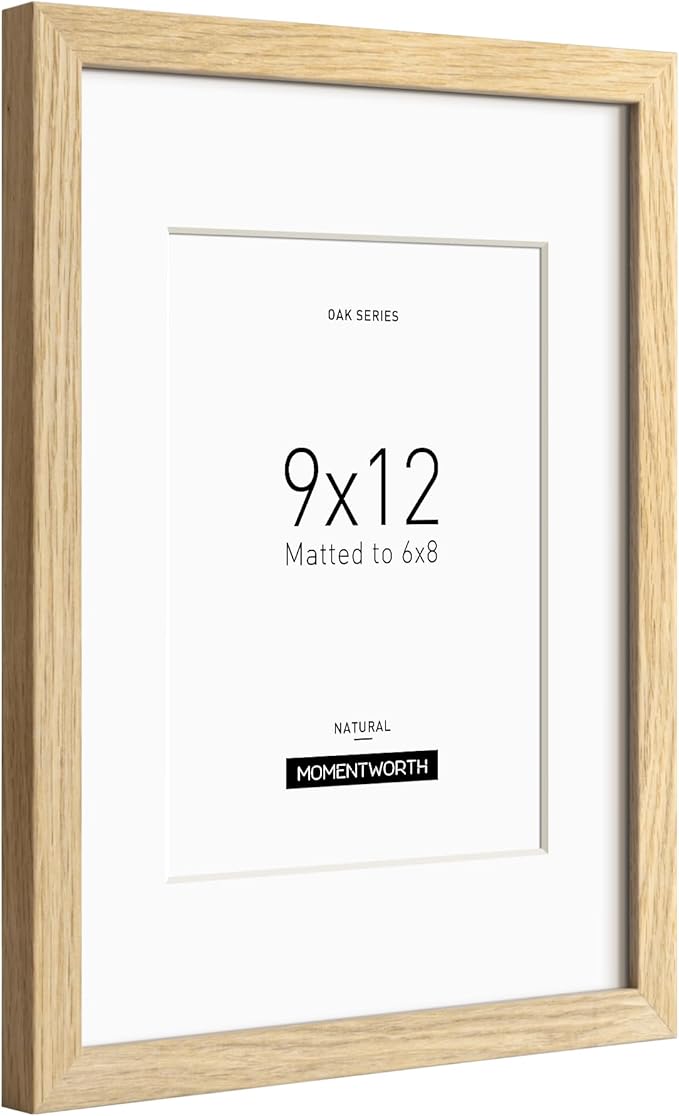 Momentworth 9x12 Frame with Mat for 6x8 set of 3, Solid Oak Wood 9x12 Picture Frame with Tempered Glass for Wall Mount(3 Pack,Oak)