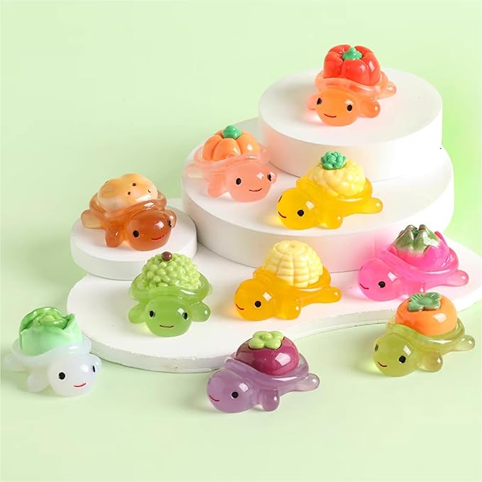 10pcs Large Mini Resin Turtle Figurines Whimsical Fruit & Vegetable Turtle Figures to Hide Glow in The Dark Plastic Sea Animals Bulk Dollhouse Accessories Decor Crafts 10 Colors (1 Each)