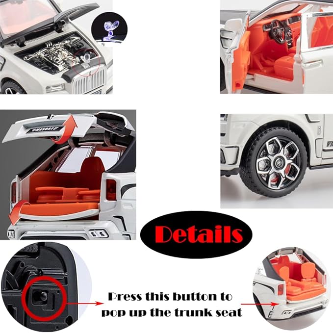 Toy Car Model Rolls-Royce Cullinan 1/24 White Alloy Collectibles Die-cast Vehicles with Sound and Light