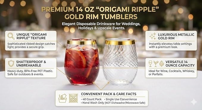 40 count 14 oz Origami ripple Unbreakable Stemless Plastic Wine Champagne Whiskey Glasses Elegant Durable Disposable Indoor Outdoor Ideal for Home Bars, Wedding, Ribbed 14 oz Cups (40, Gold Rim)