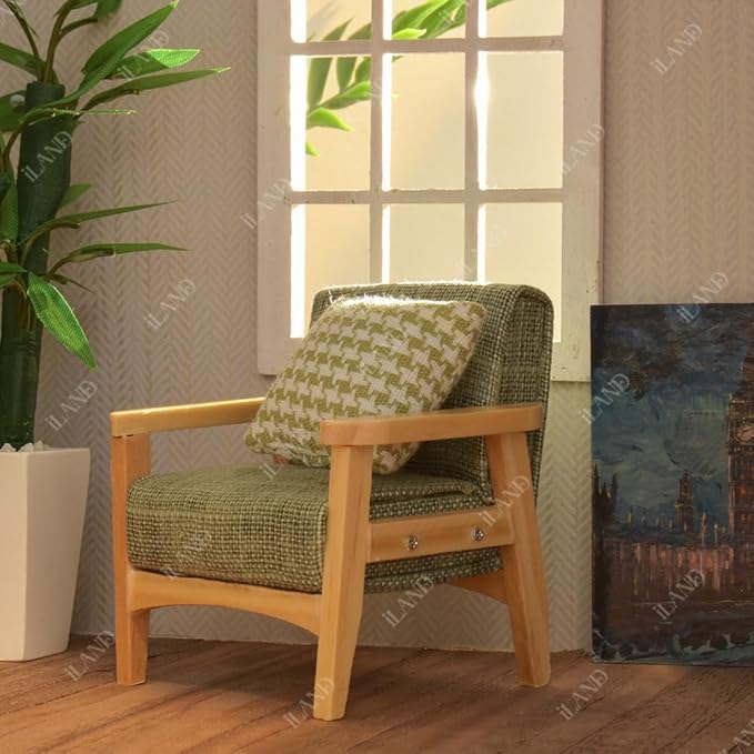 iland Dollhouse Couch and Miniature Sofa Set with Mini Houndstooth Cushions, Dollhouse Furniture on 1/12 Scale for Dollhouse Living Room (Grey Green)